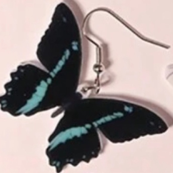 Black and Teal Butterfly Earrings - Picture 2 of 3